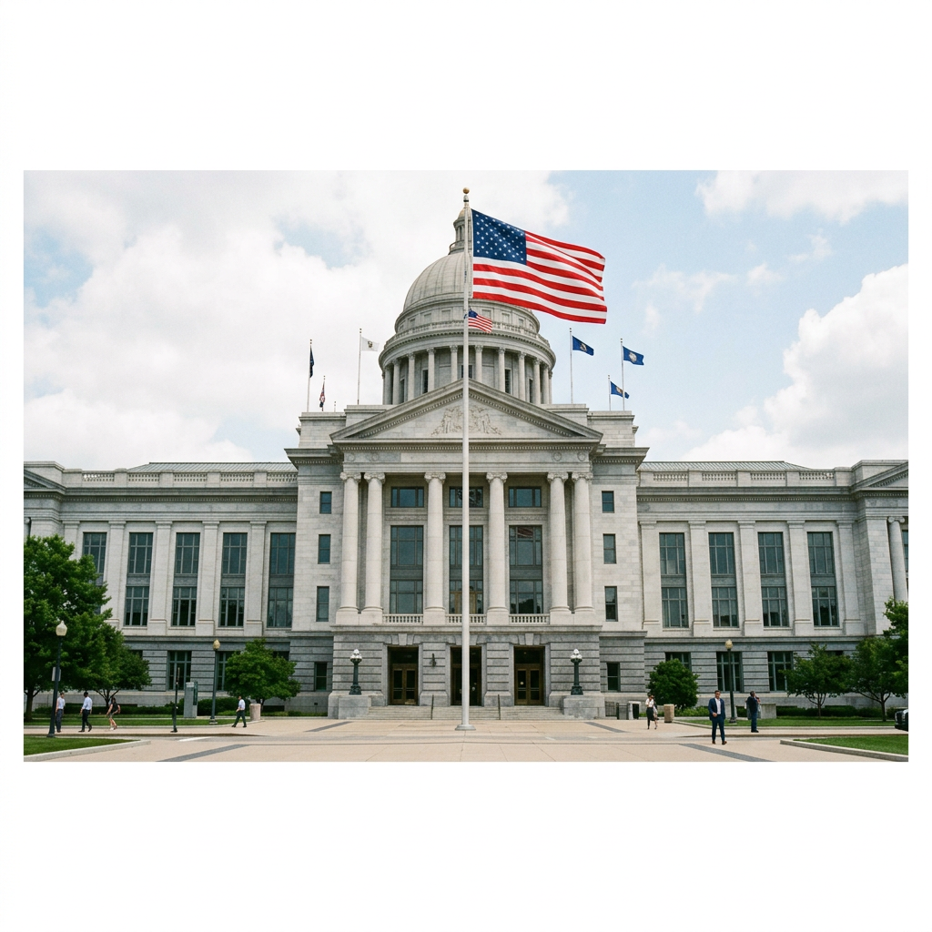 Arkansas State Capitol building with American flag on flagpole in front